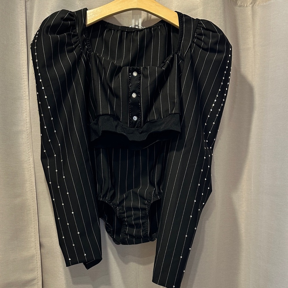 Sophisticated Black Pinstriped Bodysuit with Button Accents
